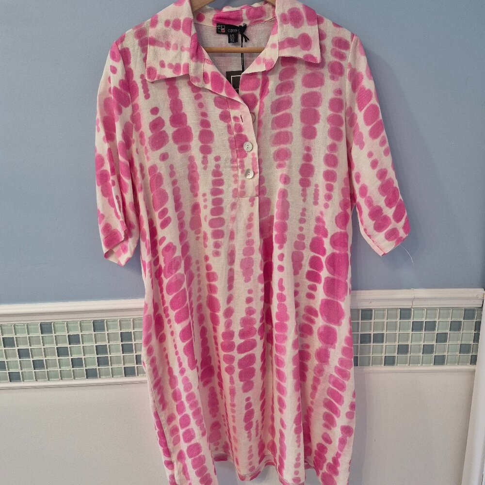 White and Pink real linen summer dress - Made in Italy